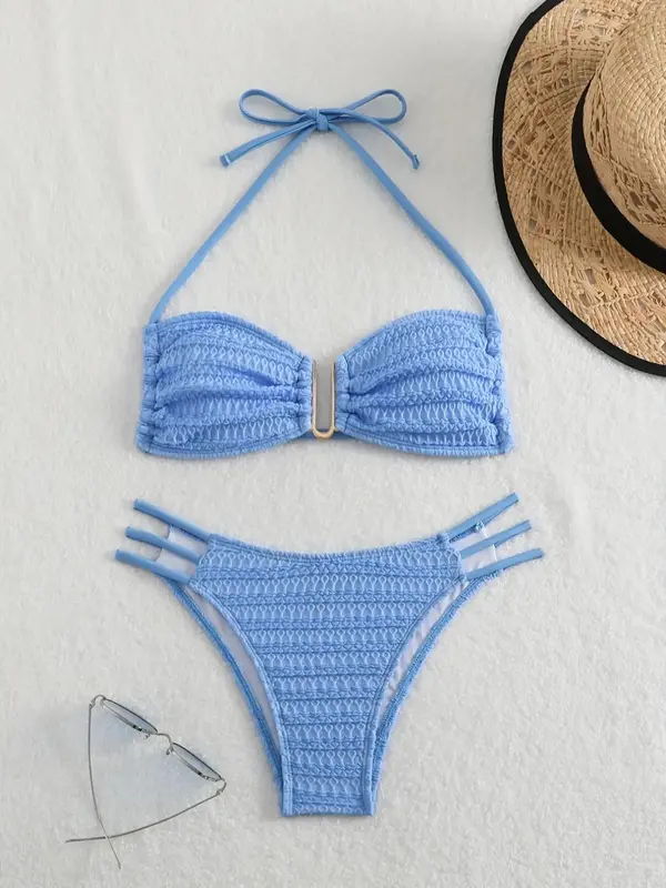 Women's Textured Halter Bikini Sets, Solid Cut Out U Shape Linked Tie Back Swim Top & Cut Out Swim Bottom, Swimsuit for Wom...