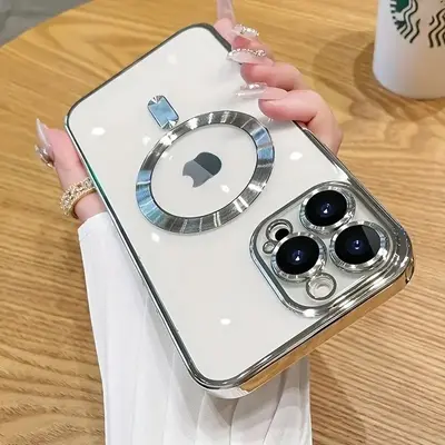 Magnetic Electroplated Case - Clear with Camera Lens Protective Glass and Wireless Charger Cover for iphone16, 15, 14, 13, 12...