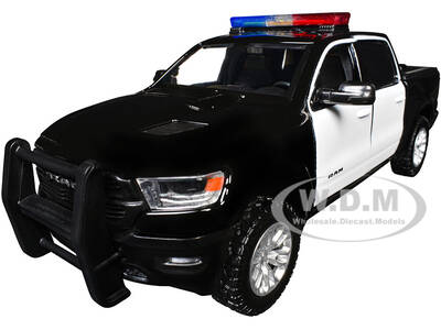 2019 RAM 1500 Laramie Crew Cab Pickup Truck Black and White with Flashing Light Bar and Front and Rear Lights and Sounds 1/24...