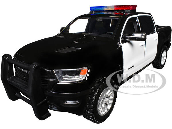 2019 RAM 1500 Laramie Crew Cab Pickup Truck Black and White with Flashing Light Bar and Front and Rear Lights and Sounds 1/24...