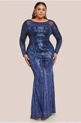 Goddiva Plus Long Sleeve Aztec Sequin Maxi Dress - Navy