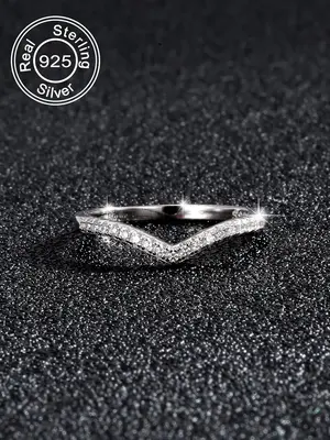 S925 Sterling Silver Luxury V-shaped Design Rhinestone Decorated Ring, Fashion Accessories for Women & Men, Trendy All-match ...