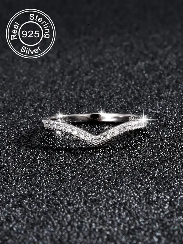 S925 Sterling Silver Luxury V-shaped Design Rhinestone Decorated Ring, Fashion Accessories for Women & Men, Trendy All-match ...