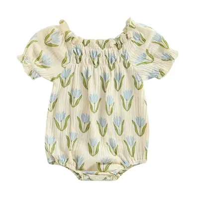 Infant Baby Girls Romper 0-24 Months Flower Print Short Puff Sleeve Newborn Jumpsuits Summer Clothes Bodysuits Cute