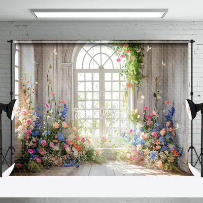 Colorful Floral White Retro Window Wedding Backdrop