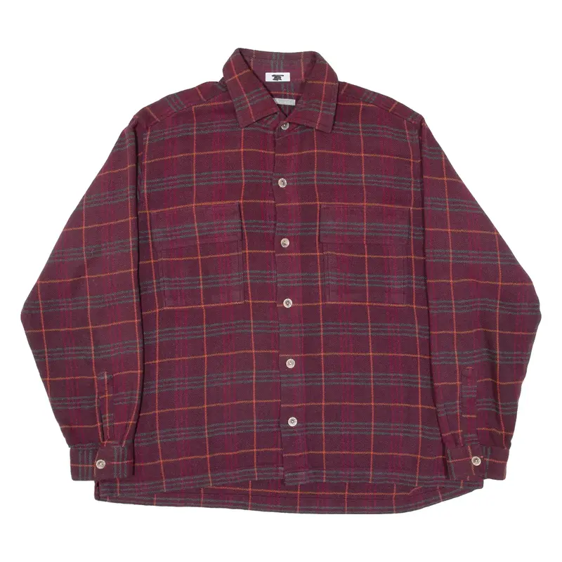 Mens Flannel Shirt Maroon Check Long Sleeve XL
