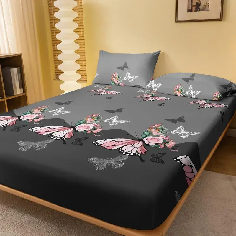 Butterfly Print Fitted Sheet, 1 Count Bedding for Bedroom without Pillowcase