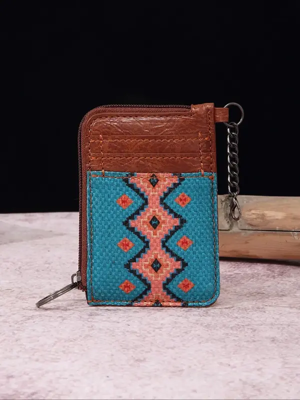 Women's Boho Style Colorful Ethnic Pattern Zip-up Card Holder & Coin Purse, Casual Trendy Wallet with Card Slots & Coin Purse...