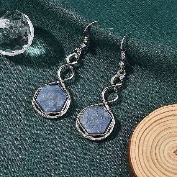 Hexagon Natural Blue Aventurine Dangle Earrings