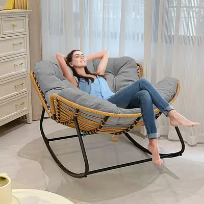 Reclining Rocking Chair/Comfy Front Porch Furniture, Indoor Living Room/Bedroom Reading Chair, Patio/Backyard Big Outdoor Tan...