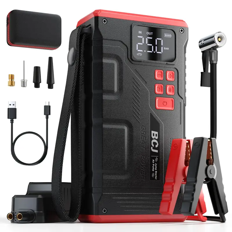 【5-in-1】16800mAh BCJ Portable Car Jump Starter with Air Compressor (ALL Gas/10.0L Diesel), 6000A 12V Car Battery Jump Pow...