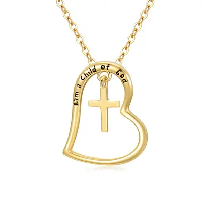 14K Gold Cross & Heart Pendant Necklace with Engraved Word