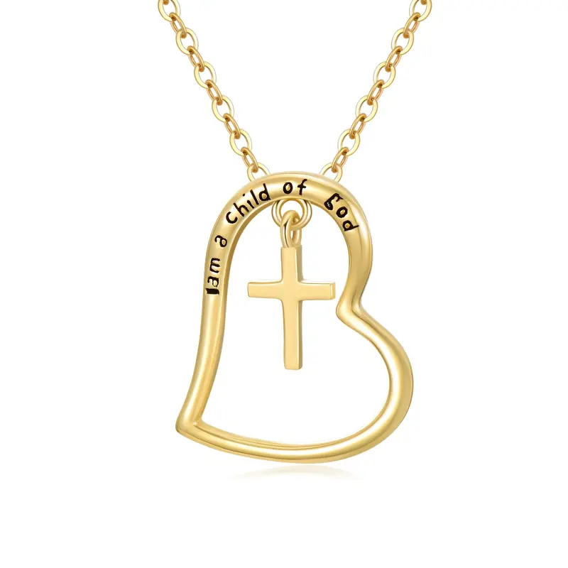 14K Gold Cross & Heart Pendant Necklace with Engraved Word