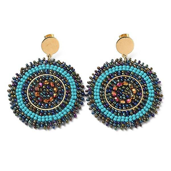Woven Glass Beaded Flat Round Dangle Stud Earrings