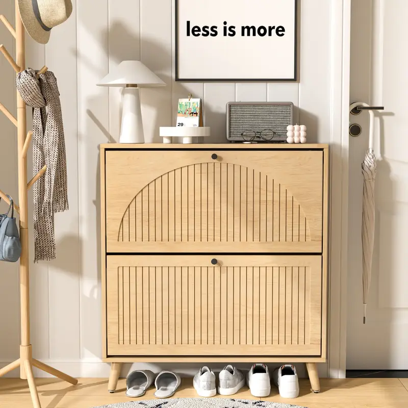 Shoe Storage Cabinet for Entryway with 2 Flip Drawers, Narrow Wood Shoe Cabinet with Fluted Panel, Freestanding Hidden Shoe O...