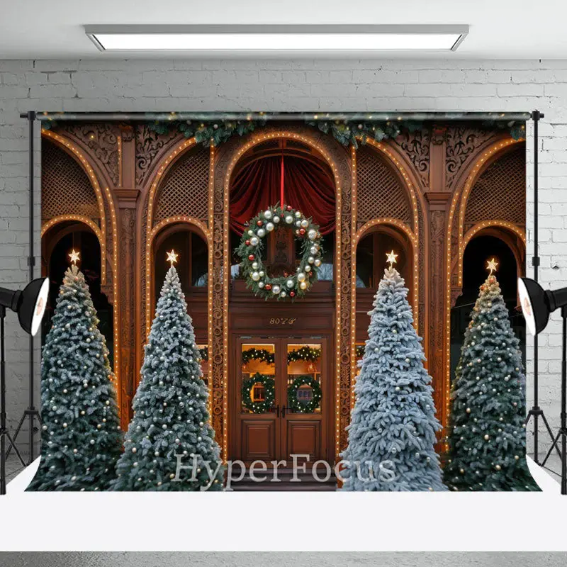 Brown Vintage House Xmas Trees Christmas Backdrop - Aperturee