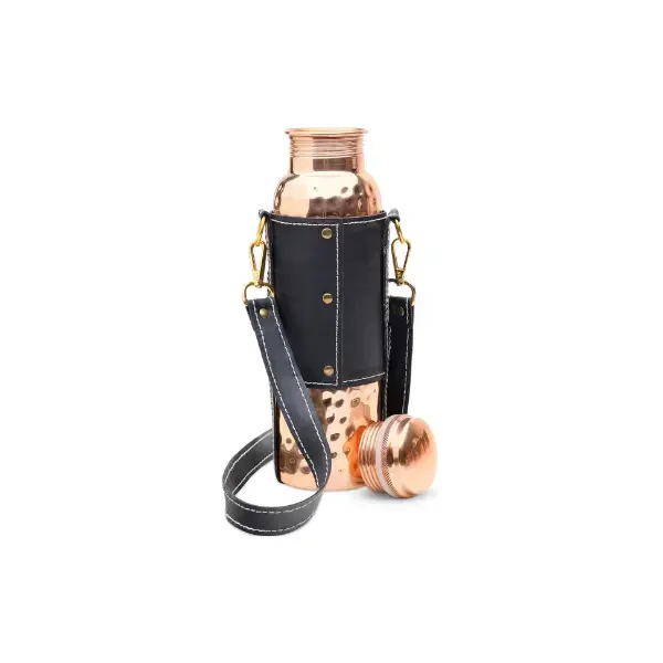 Kitchen Science 100% Pure Copper Water Bottle with Leather Carrying Bag 34oz, Lab-Tested Heavy Duty Leak-Proof Authentic Ayur...