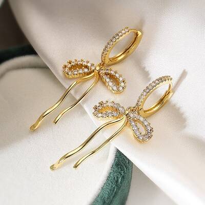Bowknot Brass Micro Pave Clear Cubic Zirconia Hoop Earrings for Women