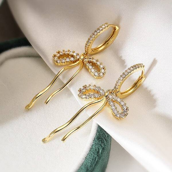 Bowknot Brass Micro Pave Clear Cubic Zirconia Hoop Earrings for Women
