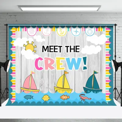 Grey Wooden Sailboat Meet The Crew Party Backdrop