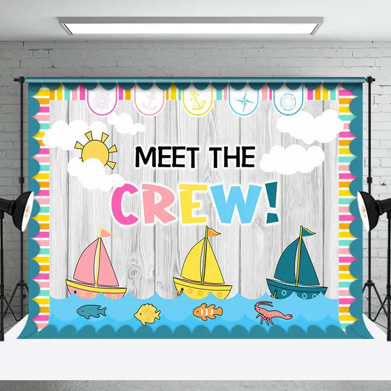 Grey Wooden Sailboat Meet The Crew Party Backdrop