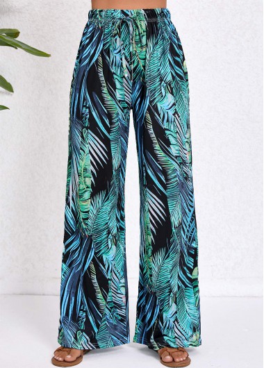 Modlily Turquoise Drawstring Tropical Plants Print Elastic Waist Pants - M