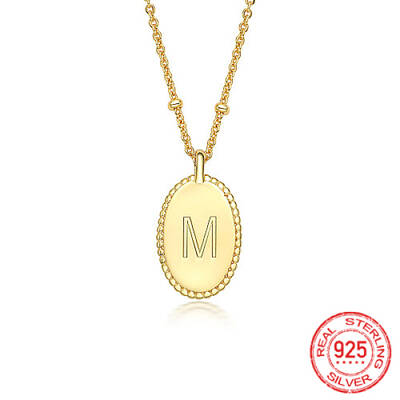 925 Sterling Silver Letter Initial Oval Pendant Necklaces for Women