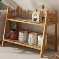 Bamboo Double Layer Desktop Storage Rack, 1 Count Multipurpose Desktop Coffee Cup Display Rack, Home Organizer for Living Roo...