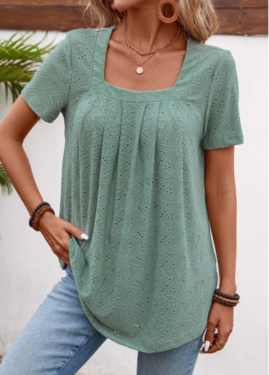 Modlily Sage Green Pleated Short Sleeve Square Neck T Shirt - L