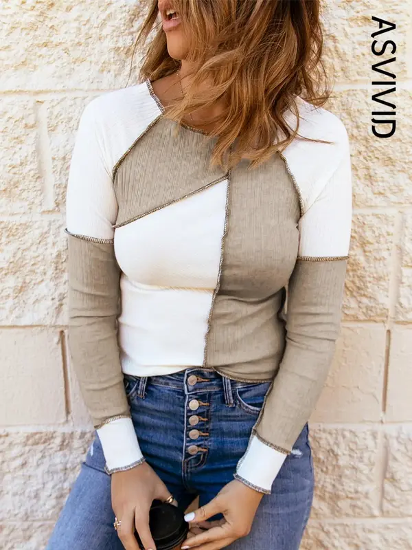 Women's Patchwork Seam Detail  Raglan Sleeve Tee, Casual Long Sleeve Round Neck T-shirt for Spring & Fall, Fashion Women's To...