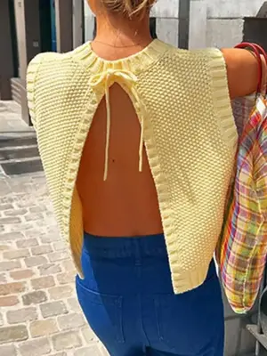 Women's Solid Split Tie Back Sweater Vest, Casual Round Neck Sleeveless Knit Top for Spring & Fall, Fashion Women's Knitwear ...