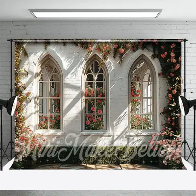 Romantic White Wall Rose Window Spring Photo Backdrop - Aperturee