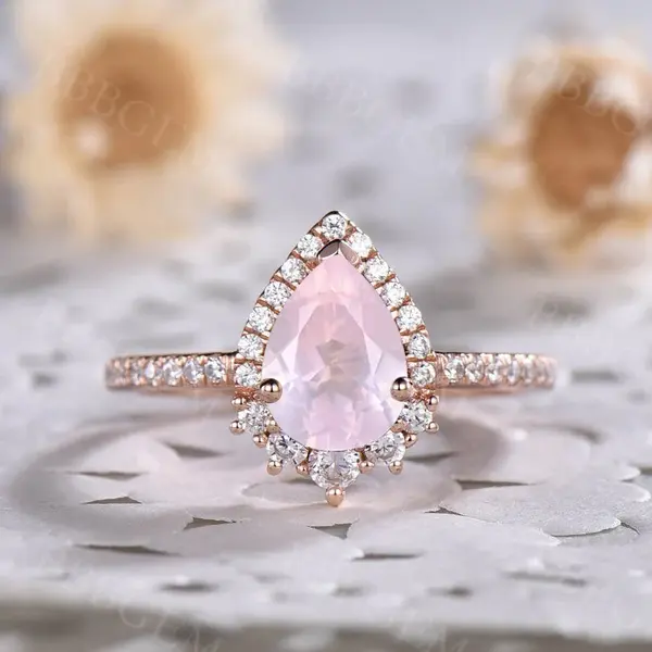 1.25 Carat Unique Natural Rose Quartz Engagement Ring Pear Cut Diamond Band