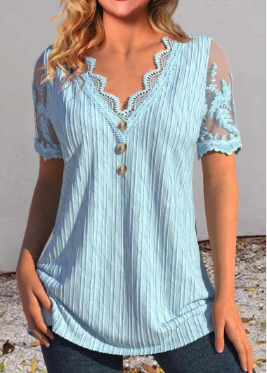 Modlily Dusty Blue Lace Short Sleeve T Shirt - M