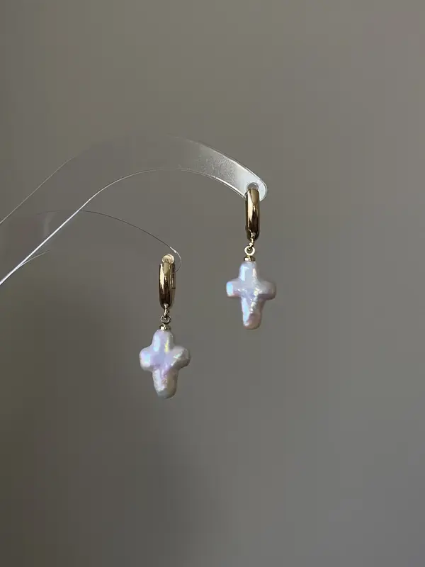 Baroque pearl cross earrings | cross dangle earring