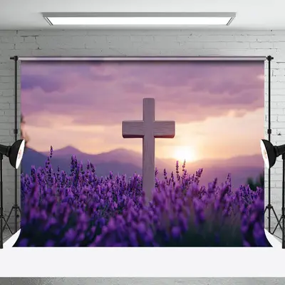 Aperturee Purple Floral Blurry Sunset Sky Cross Easter Backdrop, 3X2FT(1MX0.6M), 14 USD, easter backdrops, NYHD6I24-M