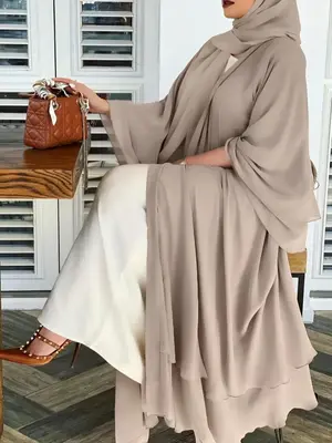 Women's Solid Color Cloak Sleeve Chiffon Arabic Robe, Elegant Long Sleeve Open Front Long Robe with Belt & Hijab for Daily We...