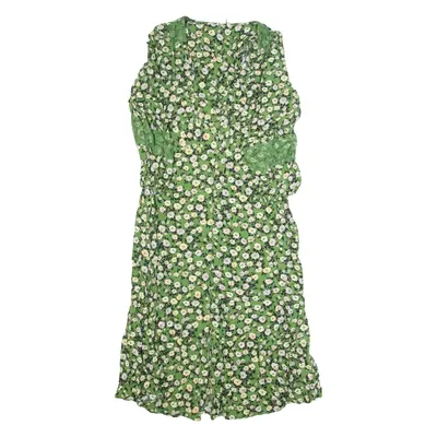 MONSOON Womens Tea Dress Green Viscose Floral Long Sleeve Midi S