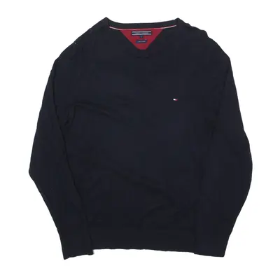 TOMMY HILFIGER Cotton Linen Blend Jumper Blue Tight Knit Mens L