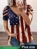 【Plus Size】 American Flag Print Zipper Tee, Casual Shortsleeve T-shirt for Summer, Women's Plus Clothing for Daily Wear