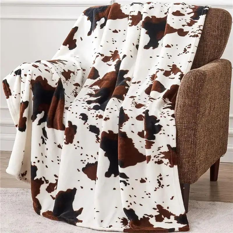Cow Print Blanket 50x60 Soft Flannel Throw for Couch Bed & Travel Cozy Western Decor in White Brown Animals
