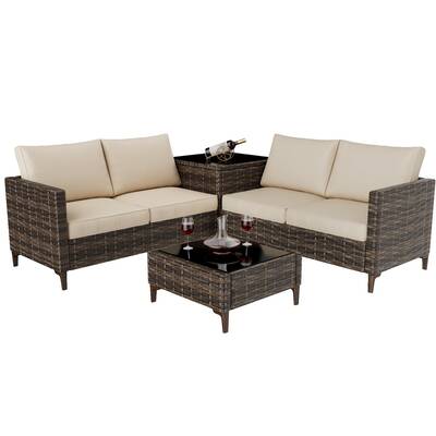 Garvee Outdoor PE Wicker Furniture Set, 6-Piece Patio Sectional Couch Set with Storage Box & Glass Top Table & Beige Cushion ...