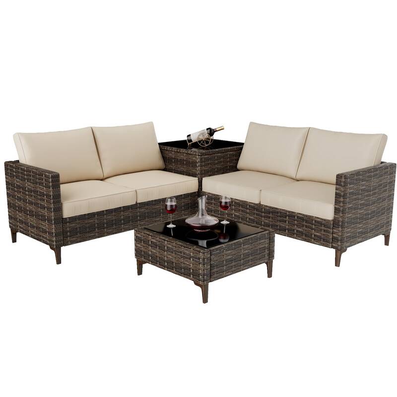 Garvee Outdoor PE Wicker Furniture Set, 6-Piece Patio Sectional Couch Set with Storage Box & Glass Top Table & Beige Cushion ...