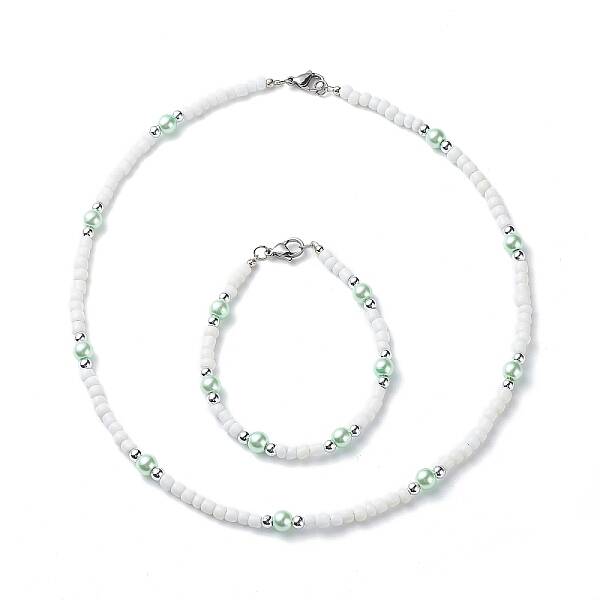 Plastic & Glass Pearl & Seed Beaded Bracelet and Necklace