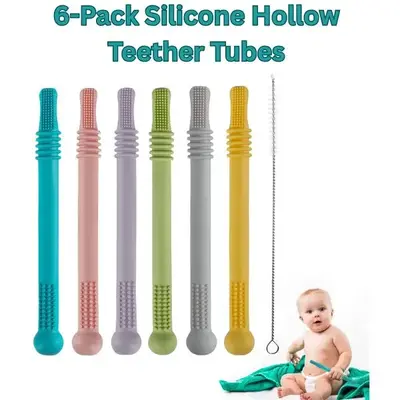6-Pack Silicone Hollow Teether Tubes, BPA-Free Sensory Chew Straws for Babies 3-36 Months, Freezable Teething Toys for Infant...