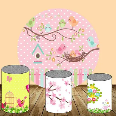 Aperturee Circle Cute Bird Round Pink Birthday Party Backdrop Kit | Custom Round Backdrop | Round Party Backdrop | Birthday R...
