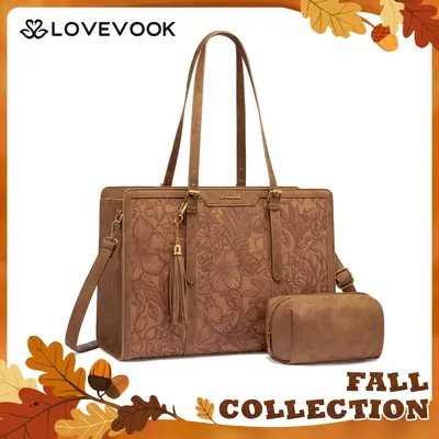 LOVEVOOK Fall Canvas Laptop Tote Bag 15.6 and 17.3 inches for Women with Clutch Purse, Lightweight Tote Bag with 2 Cup Holder...