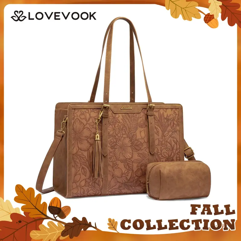 LOVEVOOK Fall Canvas Laptop Tote Bag 15.6 and 17.3 inches for Women with Clutch Purse, Lightweight Tote Bag with 2 Cup Holder...