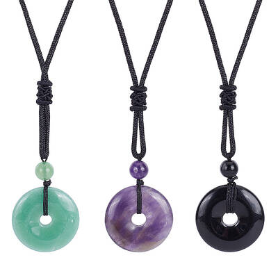 3Pcs 3 Style Natural Mixed Gemstone Donut/Pi Disc Pendant Necklaces Set with Polyester Cord for Women