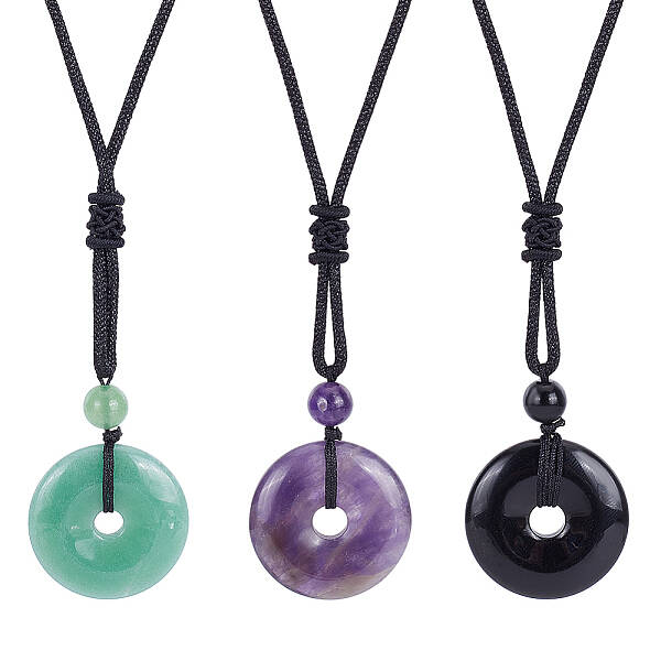 3Pcs 3 Style Natural Mixed Gemstone Donut/Pi Disc Pendant Necklaces Set with Polyester Cord for Women